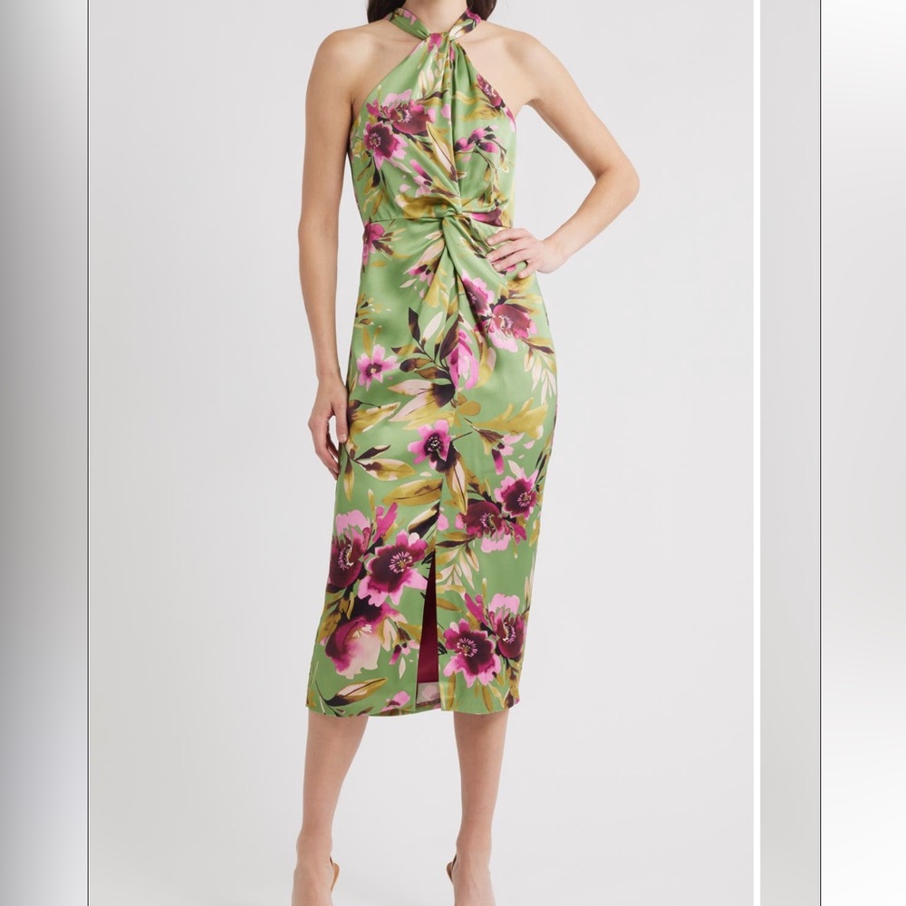 Eliza J Green Floral Halter Midi Dress with Pink Accents